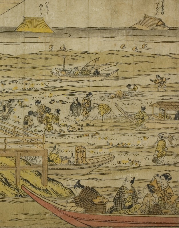Gathering Shellfish at Low Tide at Shinagawa (Shinagawa shiohigari no zu), 1740s. Creator: Furuyama Moromasa.