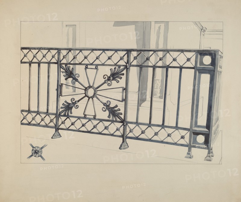 Iron Gate and Fence, c. 1936. Creator: Arelia Arbo.