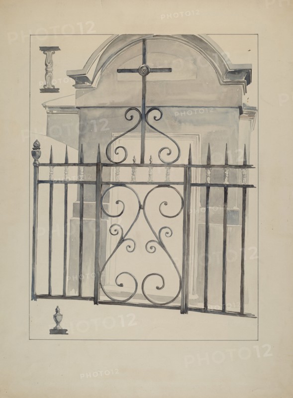 Iron Gate and Fence, c. 1936. Creator: Arelia Arbo.