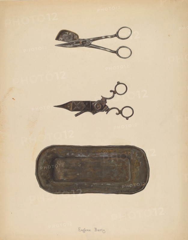 Candle Snuffer, Trimmer & Tray, c. 1937. Creator: Eugene Bartz.