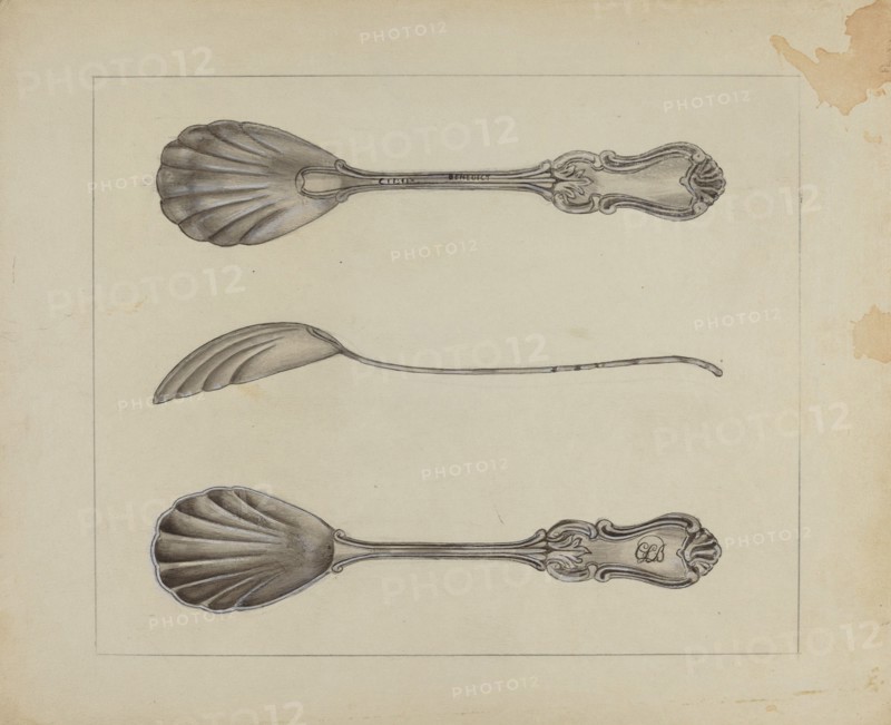 Two Silver Sugar Spoons, c. 1936. Creator: Anthony Zuccarello.
