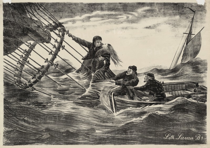The rescue of Jules and Caroline Duruof from their balloon "Le Tricolore" off the coast of..., 1874. Creator: Anonymous.