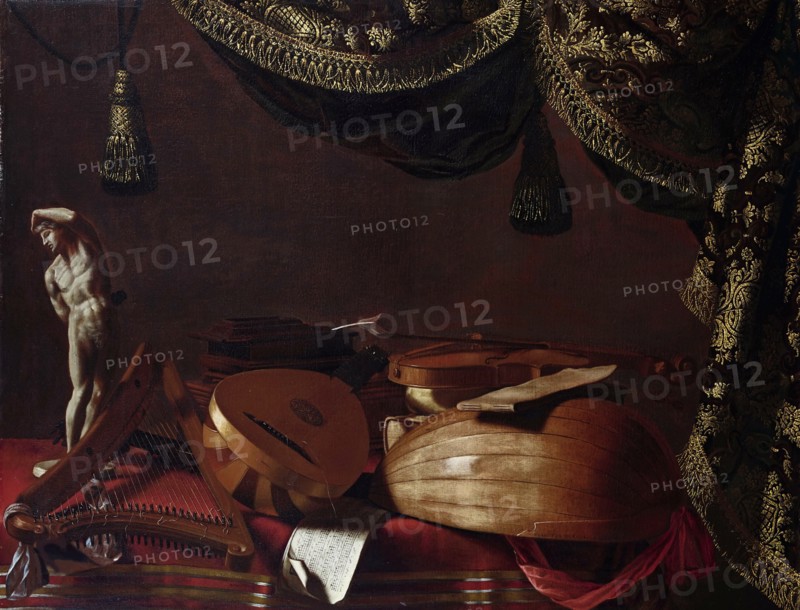 Musical instruments and statuette, c. 1660. Creator: Baschenis, Evaristo (1617-1677).