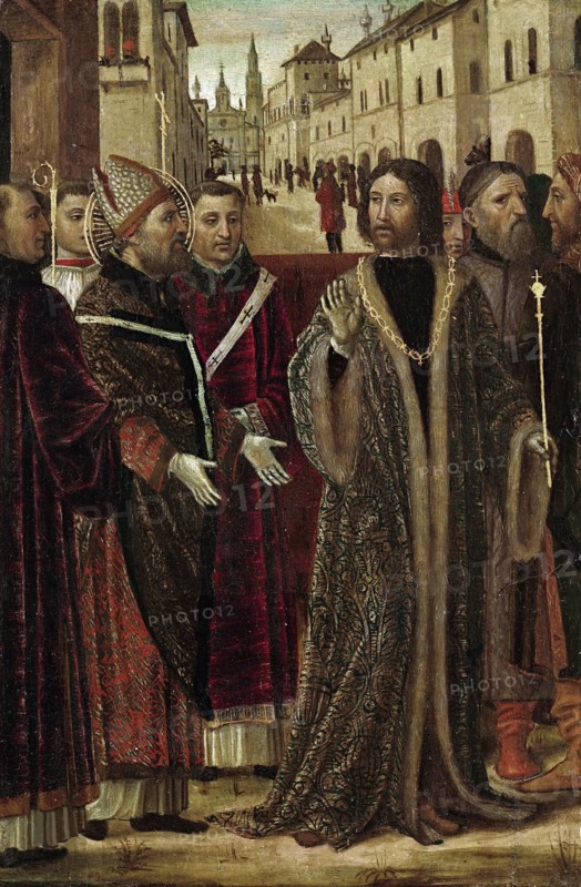 Emperor Theodosius before Saint Ambrose, 1490. Creator: Bergognone, Ambrogio (1453-1523).