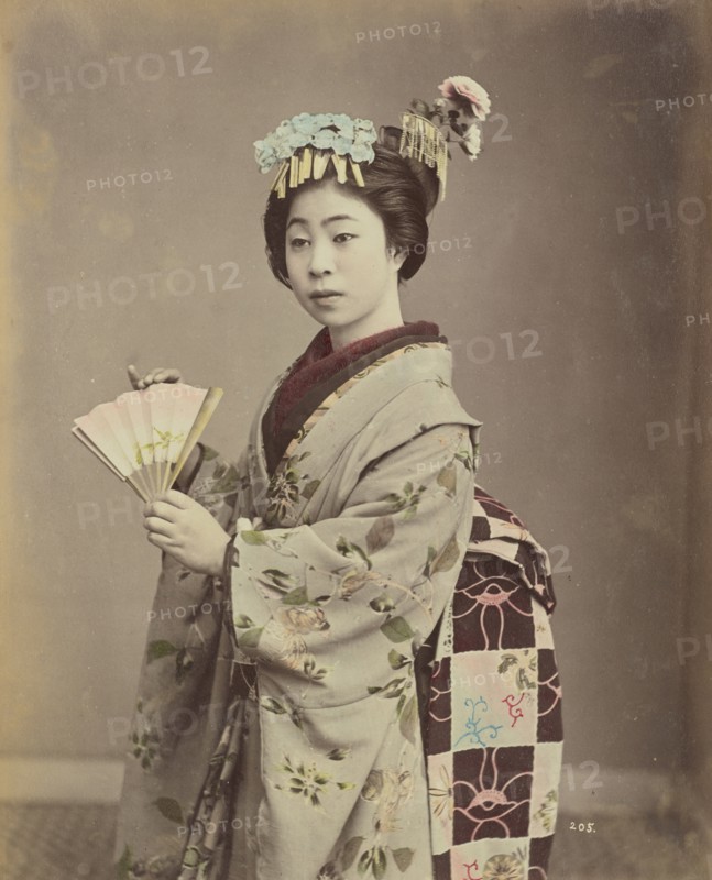 Young Woman with Fan, c. 1890. Creator: Kimbei, Kusakabe (1841-1932).