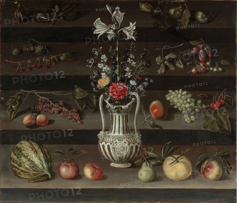 Lilies and other flowers in a majolica vase, with peaches, grapes, cherries..., 2nd half of 17th cen Creator: Josefa de Óbidos (Josefa de Ayala) (1630-1684).