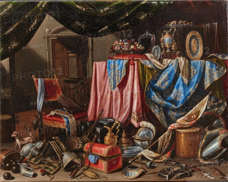 Interior with drapes, flowers, vases, armour, weapons, flags and a small dog. Creator: Manieri, Carlo (active 1662-1700).