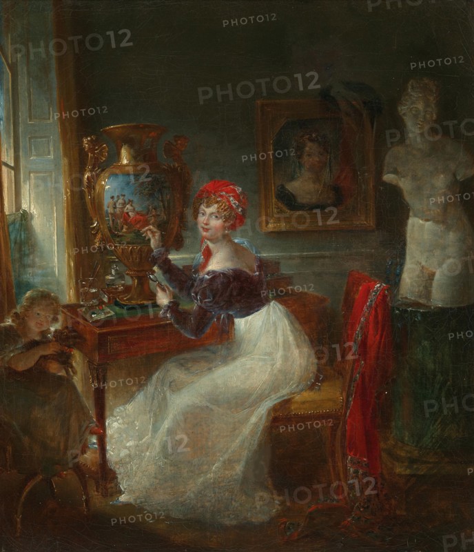 Self-portrait of the artist painting porcelain in her studio. Creator: Jaquotot, Marie Victoire (1772-1855).
