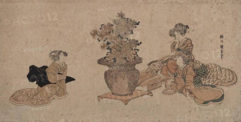 Rikka o nagameru san bijin (Three beauties admiring an arrangement of rikka...), c1810-1815. Creator: Kuninao, Utagawa (1793-1854).