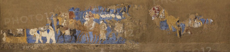 Afrasiab murals, South wall: Funeral procession led by King Varkhuman, Between 648 and 651. Creator: Sogdian Art.