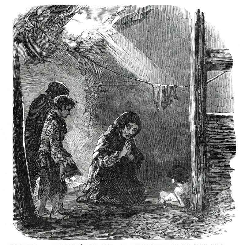 Sketch in a House at Fahey's Quay, Ennis - the Widow Connor and her Dying Child, 1850. Creator: Unknown.