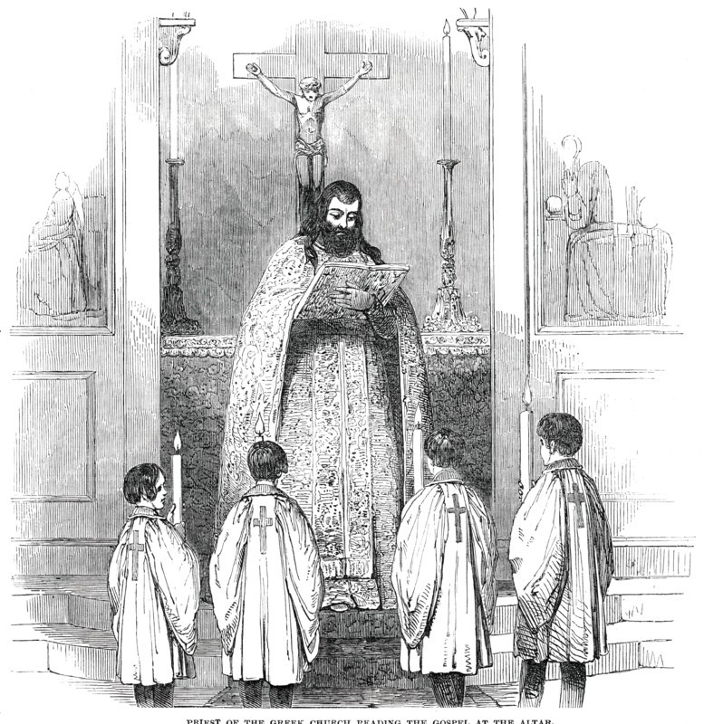 Priest of the Greek Church reading the Gospel at the Altar, 1850. Creator: Unknown.