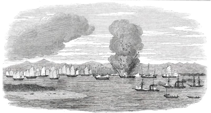 Destruction of Shap-'Ng-Tsai's Piratical Fleet, by the British, in the Gulf of Tonquin, 1850. Creator: Unknown.