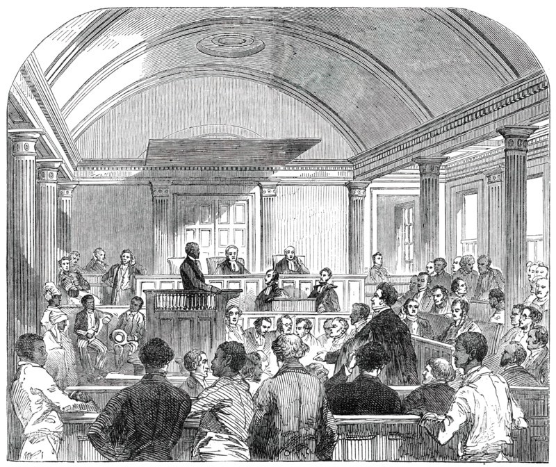 Trial of the Rioters (Oct. 1) in the Court-House, at Trinidad, 1850. Creator: Unknown.