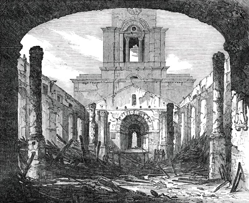 The Ruins [of St. Anne's Church], sketched from the East End, 1850. Creator: Unknown.