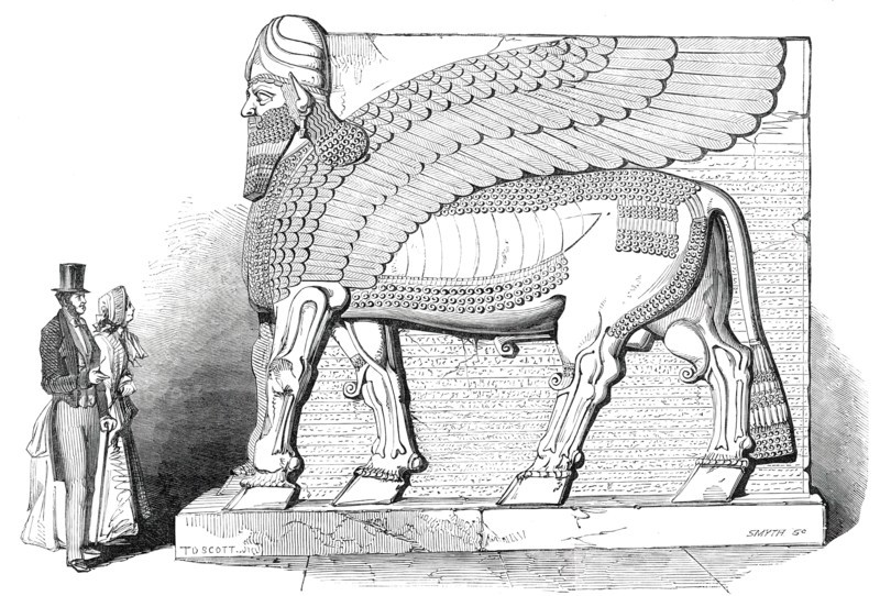 Nimroud Sculptures Just Received at the British Museum - Human-Headed and Eagle-Winged Bull, 1850. Creator: Smyth.