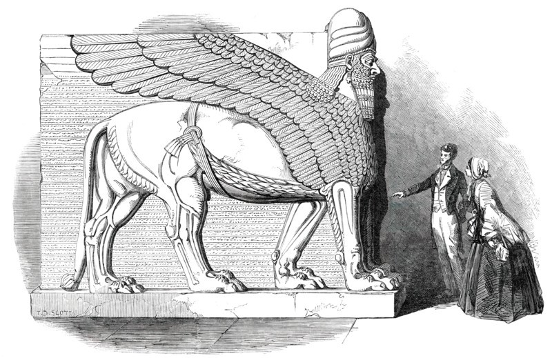 Nimroud Sculptures Just Received at the British Museum - Human-Headed and Winged Lion, 1850. Creator: Smyth.