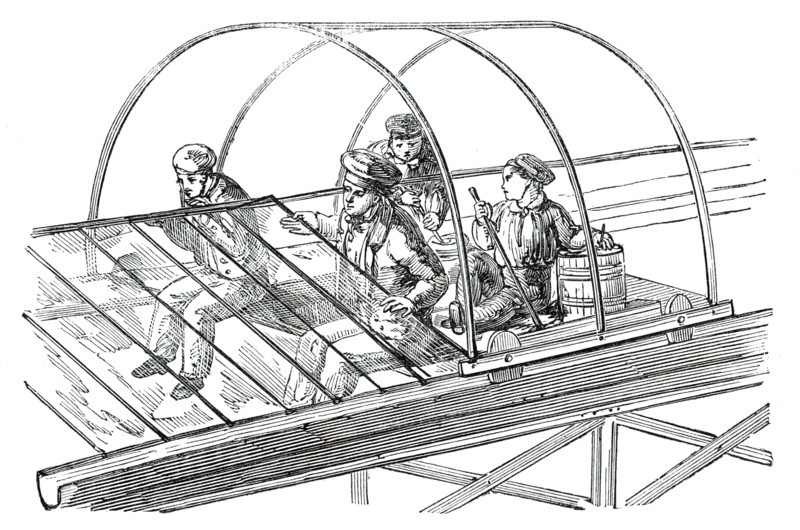 The Great Exhibition Building in Hyde Park - Glazing Wagon, 1850. Creator: Unknown.