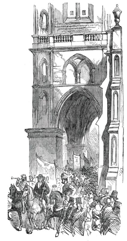The Procession passing St. Mary's Church, Warwick May Fair Show, 1850. Creator: Unknown.