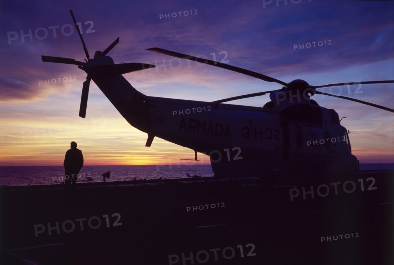 Helicopter on an aircraft carrier, Falklands War, 1982. Creator: Luis Rosendo.