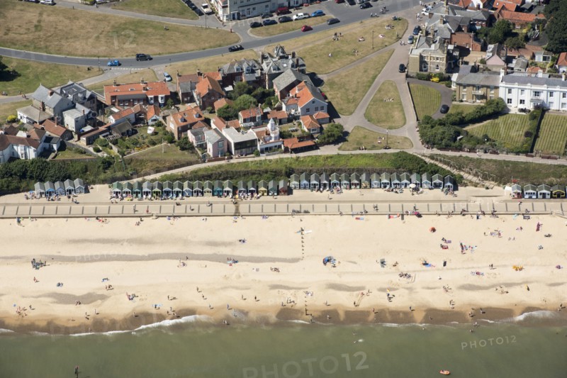 Beach huts on the sea front just below Gun Hill, Southwold, Suffolk, 2016. Creator: Damian Grady.