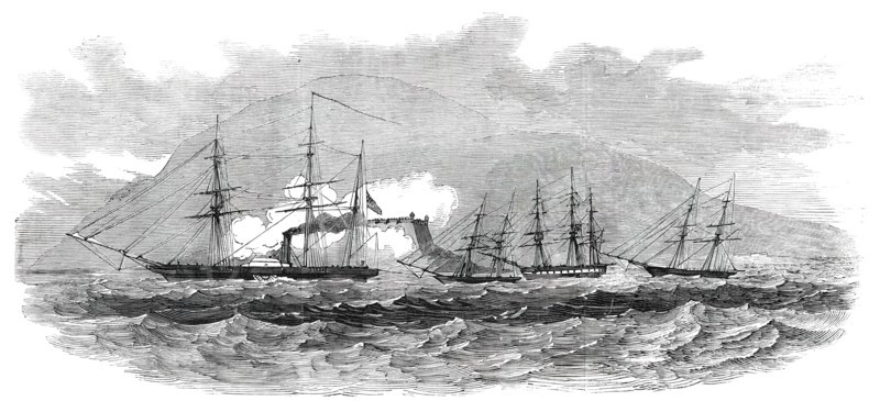 H. M. Steam-Frigate "Cormorant" Passing the Fort of Paranagua, and Engaging, 1850. Creator: Unknown.