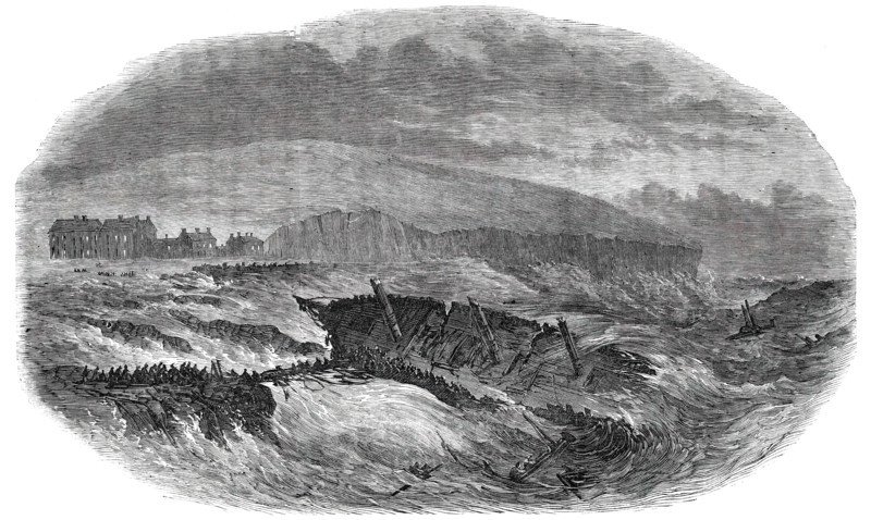Wreck of the Barque "Edmund", on the Duggerna Rocks, Bay of Kilkee, County of Clare, 1850. Creator: Unknown.