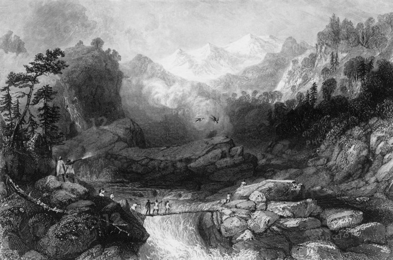 'Crossing by a Sangha, near Jumnootree', 1845. Creator: Unknown.