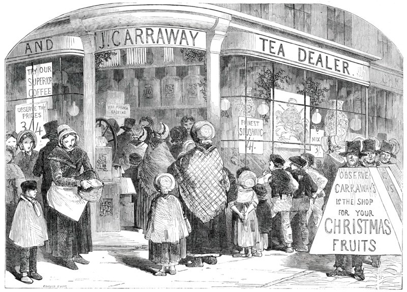 The Grocer's Shop at Christmas - drawn by Foster, 1850. Creator: Edmund Evans.