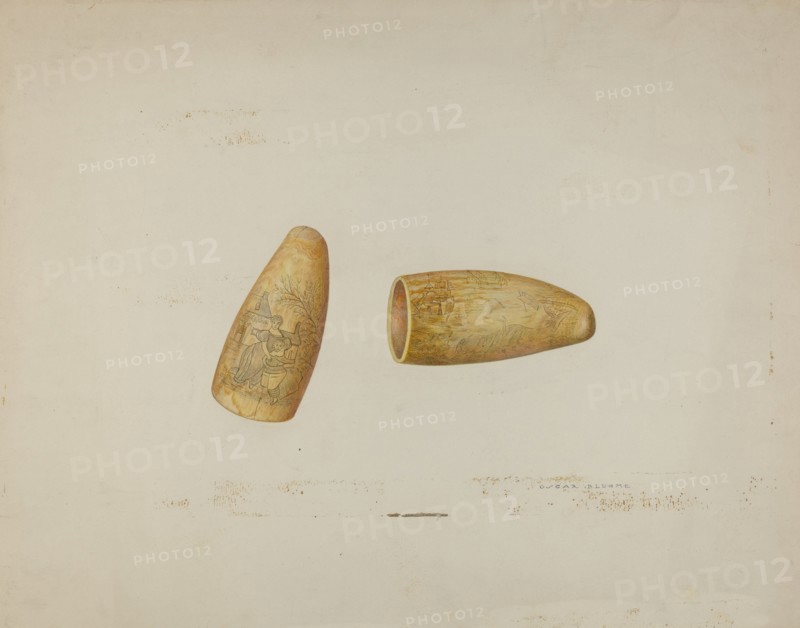 Scrimshaw: Walrus Tusk, 1941. Creator: Oscar Bluhme.