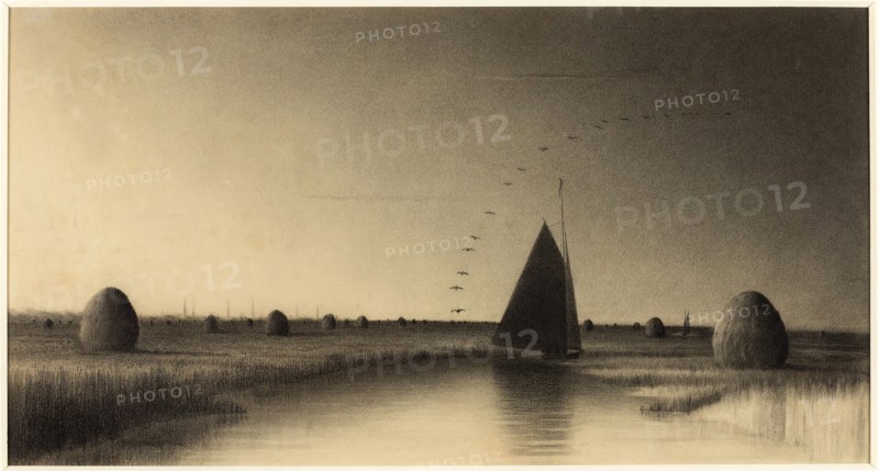 Sailboat and Haystacks on Newbury Marsh, n.d. Creator: Unknown.