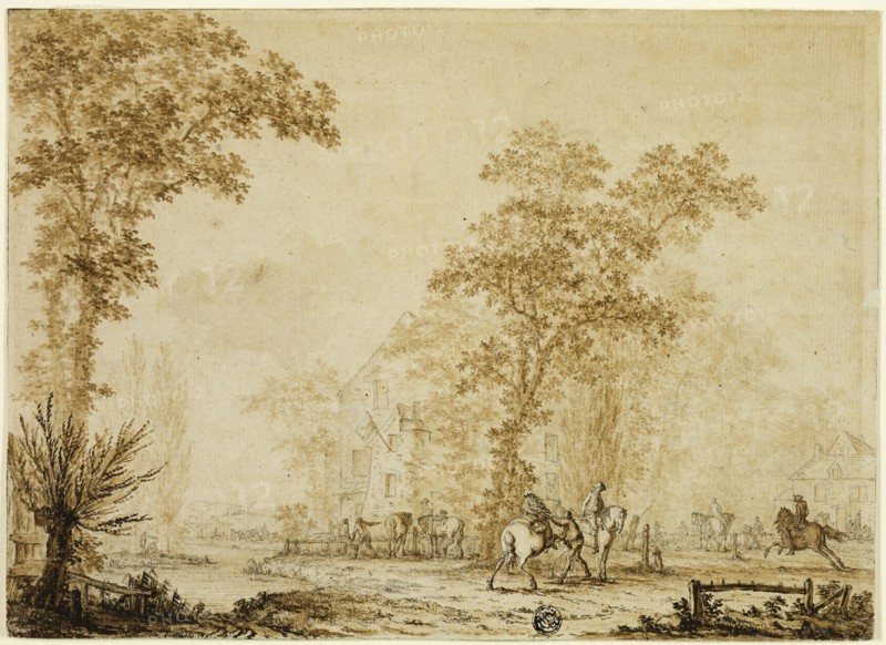 Soldiers Exercising Horses Near River, 1785. Creator: Jacques François Joseph Swebach-Desfontaines.