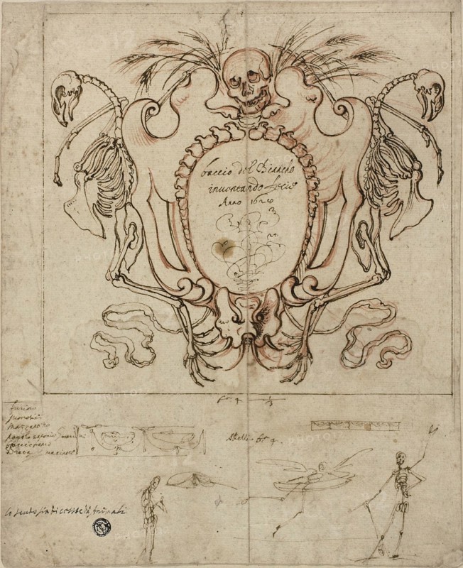 Funereal Cartouche with Inscription and Sketches of Skeletons and Ornamental Details, 1628. Creator: Baccio del Bianco.