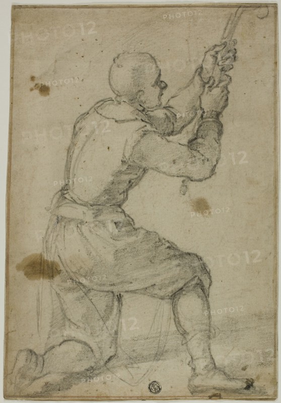 Man on Bended Knee, Pulling on Rope, c.1604. Creator: Bernardino Poccetti.