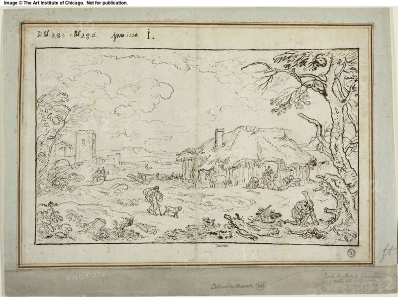 Rural Crossroads, with Farm Buildings in Foreground, 1734. Creator: Carlo Antonio Tavella.