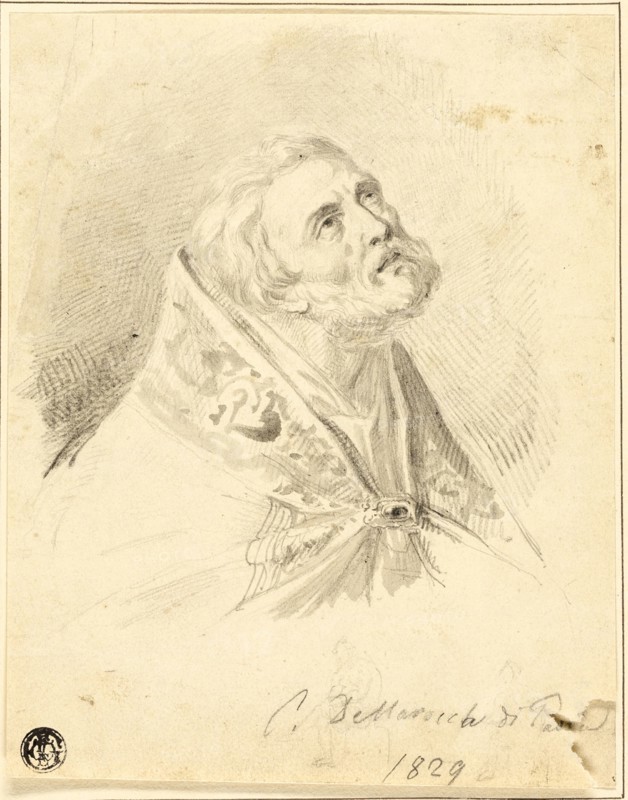 Bust of Bishop Saint, with Slight Figure Sketches, 1829. Creators: Carlo Dellarocca, Paul Delaroche.