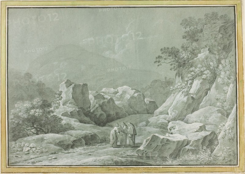Two Monks giving Water to a Woman and Child in the Wilderness, n.d. Creator: Carlo Labruzzi.