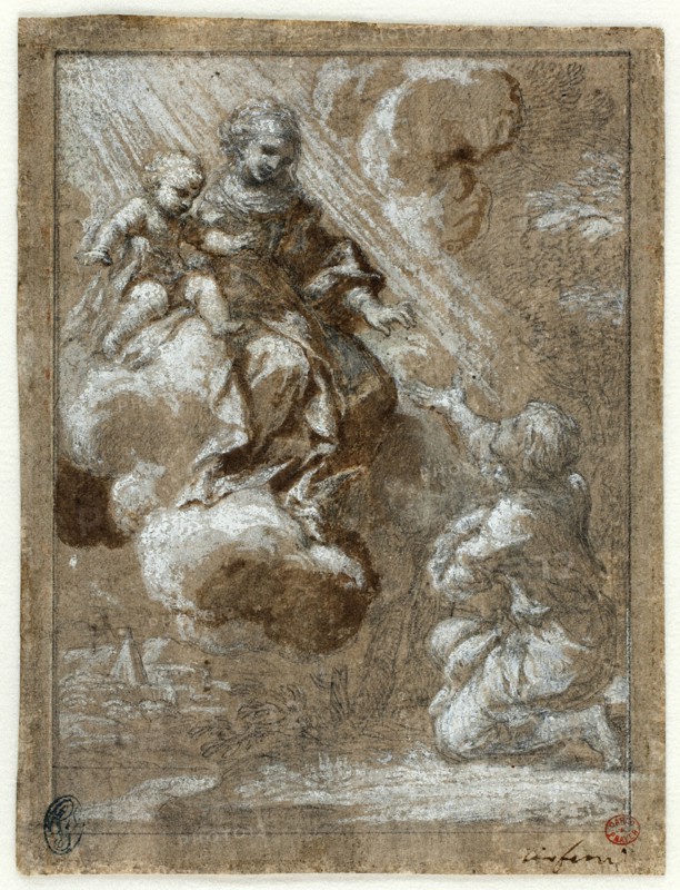 The Madonna and Child in Glory Appearing to a Kneeling Young Man, 1655/59. Creator: Bernardino Lanino.
