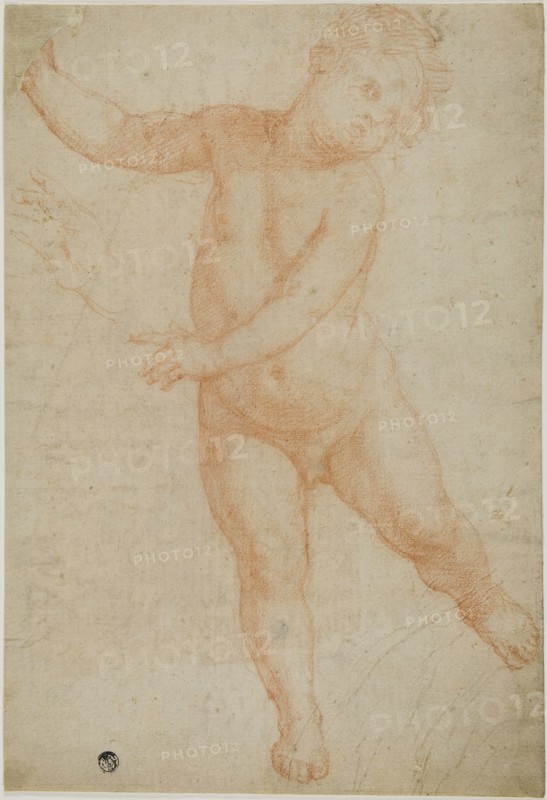 Putto Poised on Right Leg (recto); Sketch of a Draped Arm (verso), 1575/1600. Creator: Domenico Cresti.