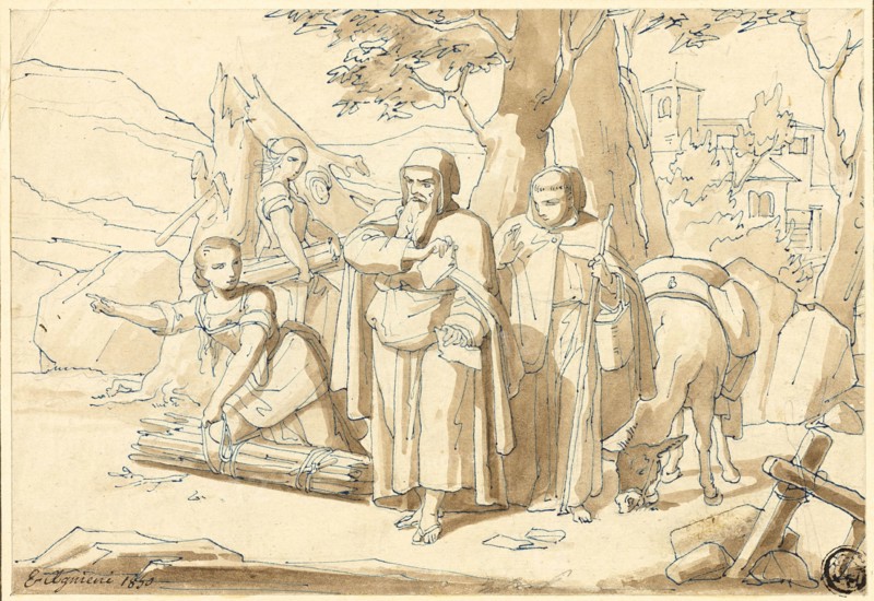 Peasant Woman Giving Directions to Monks, 1850. Creator: Eugenio Agneni.