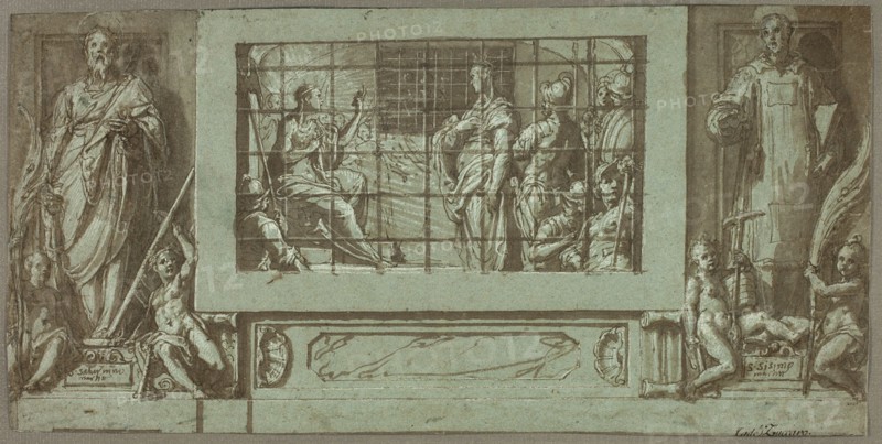 Saint Catherine in Prison Converting the Empress Faustina to Christianity, Flanked..., 1570/71. Creator: Federico Zuccaro.