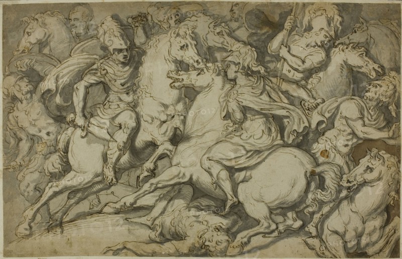 Cavalry Skirmish (recto); Kneeling Ecorché (verso), 1530/39. Creator: Francesco Salviati.