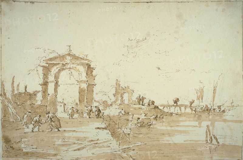 Gateway Near a Landing Bridge, 1780/85. Creator: Francesco Guardi.