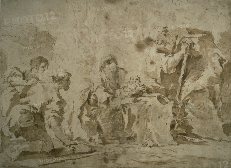 Adoration of the Shepherds (recto); Three Sketches: Buildings by Canal with..., (verso), c.1770. Creator: Francesco Guardi.