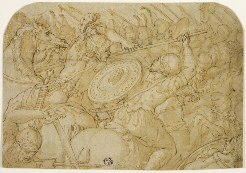 Cavalry Skirmish (recto); Architectural Sketch (verso), 1558/59. Creator: Giorgio Vasari.