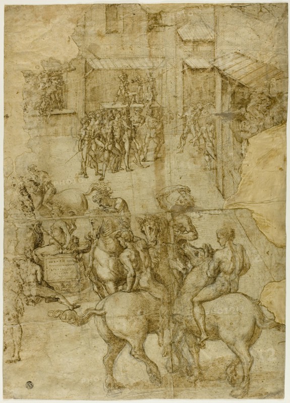 Mythological Pageant (recto); Illegible Inscriptions and Anatomical Studies of...(verso), 1528/29. Creator: Girolamo Genga.