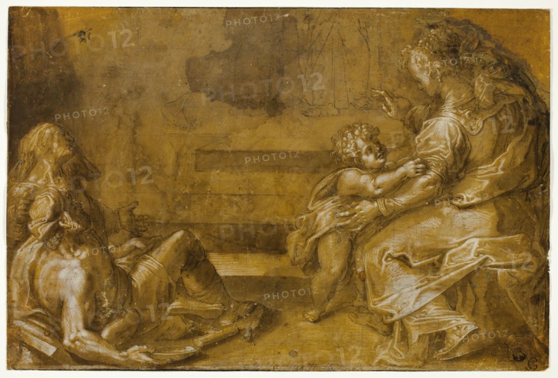 Two Reclining Beggars, and Seated Mother and Child, at Foot of Steps, n.d. Creator: Girolamo Macchietti.