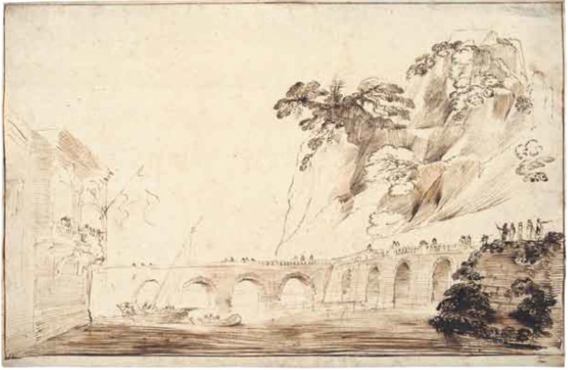 Landscape with a River Crossed by a Bridge, Lined with Spectators, Leading to a..., c.1630. Creator: Guercino.