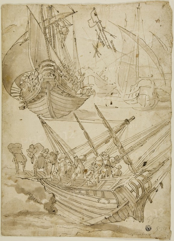 Crew Abandoning Ship (recto) Sketches of Corinthian Columns (verso), c.1600. Creator: Lazzaro Tavarone.