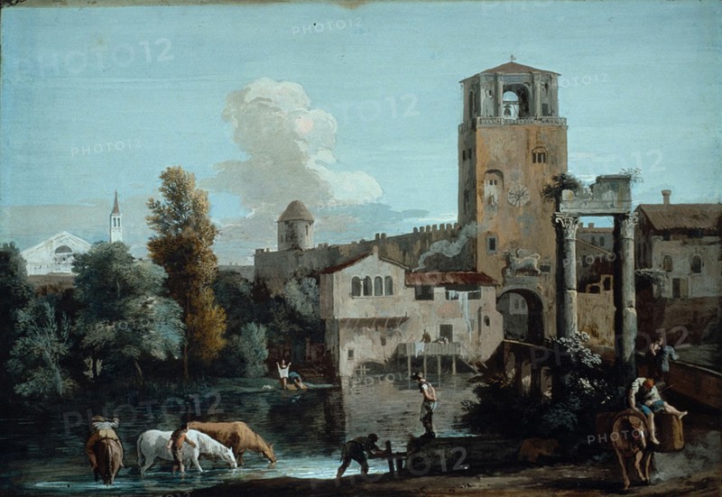 A Capriccio with Horses Watering in a River Outside a Walled Town, c.1720. Creator: Marco Ricci.